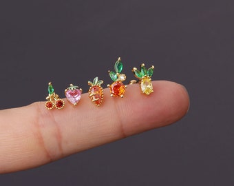 2pcs/4pcs/10pcs Stainless Steel Tiny Ear Studs Zircon Cherry Pineapple Strawberry Carrot Tragus Cartilage Ear Stud HS647