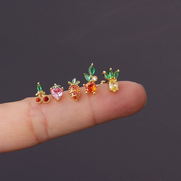 2pcs/4pcs/10pcs Stainless Steel Tiny Ear Studs Zircon Cherry Pineapple Strawberry Carrot Tragus Cartilage Ear Stud HS647