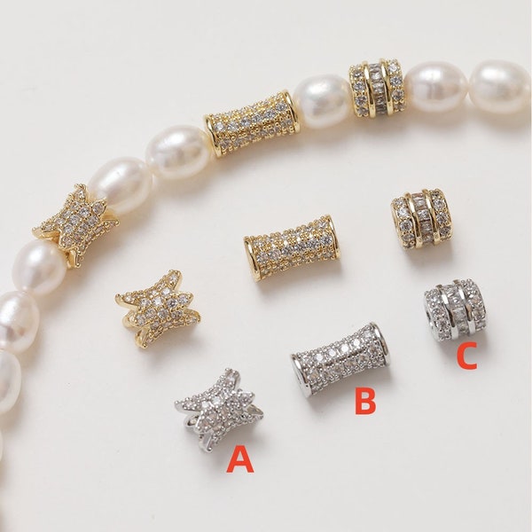 1pc/2pcs/5pcs 14k Gold Plated Brass CZ Pave Zircon Interval Beads Spacer Beads Big Hole Beads GG2154