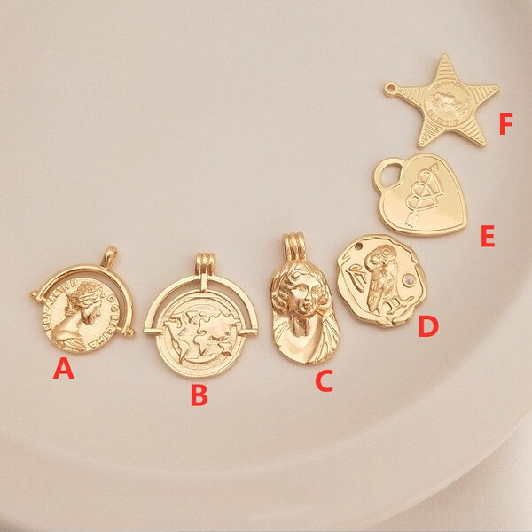 2pcs/4pcs/10pcs 14k Gold Brass Queen Coin Star Heart Geometry Charm Pendants YG159