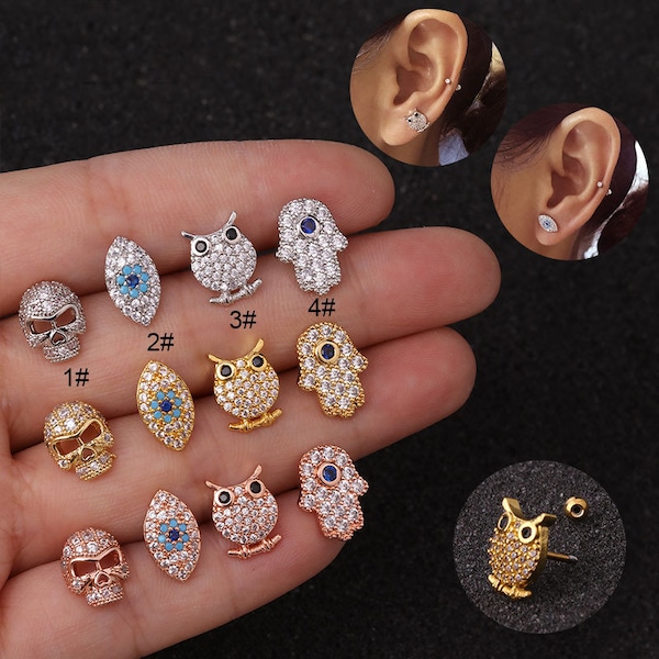 2pcs/4pcs/10pcs Stainless Steel Tiny Ear Studs Zircon Owl Eye Hand Skull Tragus Cartilage Ear Stud HS1976