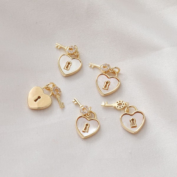 1pc/2pcs/5pcs 12x10MM 14K Gold Brass MOP Lock Charm Pendant,Zircon Key Charm Pendant GG372