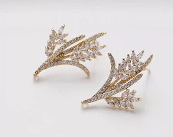 2pairs 14K Gold Plated Brass Zircon Wheat Earring Studs
