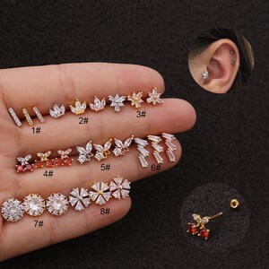 2pcs/4pcs/10pcs Stainless Steel Tiny Ear Studs Zircon Bar Cherry Snowflake Crown Tragus Cartilage Ear Stud HS19105