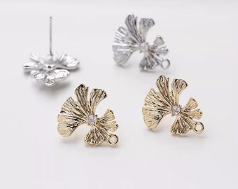 2 paia/5 paia Orecchini a bottone in foglia di ottone placcato oro 14K Orecchini a bottone con foglia di ginkgo con perno in argento sterling 925 GG2413