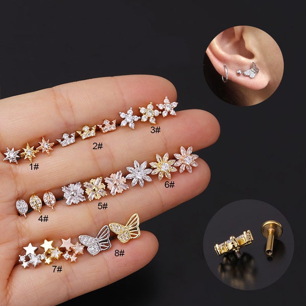 2pcs/4pcs/10pcs Stainless Steel Tiny Ear Studs Zircon Butterfly Stars Flower Leaf Crown Tragus Cartilage Ear Stud HS298