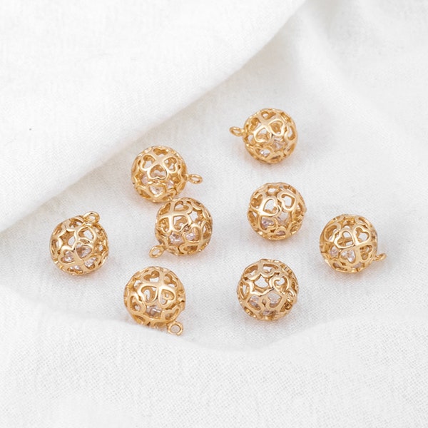 2pcs/4pcs/10pcs 8MM/10MM 14k Gold Plated Brass Zircon Hollow Out 3D Ball Round Charm Pendant TR716