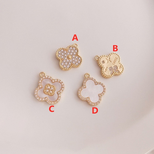 6pcs 14K Gold Plated Brass Zircon MOP Shell Clover Charm Pendant YG450