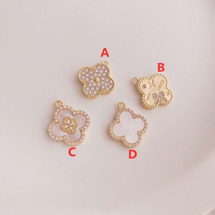 6pcs 14K Gold Plated Brass Zircon MOP Shell Clover Charm