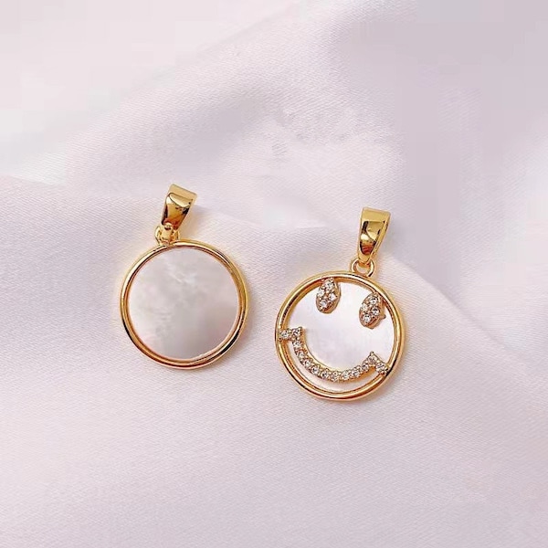 2PCS/4PCS/10PCS 18K Gold Plated Brass Zircon MOP Shell Smiling Face Happy Face Charm Pendants CF0420