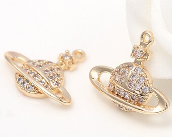 10pcs 12x15mm 14k Gold CZ Pave Zircon Planet Charm Pendant