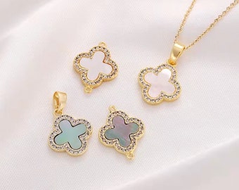 2pcs/4pcs/10pcs 12.5X15.5MM 18K Gold Plated Brass Zircon White MOP Clover Charm Pendants Connector CF0166