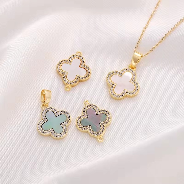 2pcs/4pcs/10pcs 12.5X15.5MM 18K Gold Plated Brass Zircon White MOP Clover Charm Pendants Connector CF0166