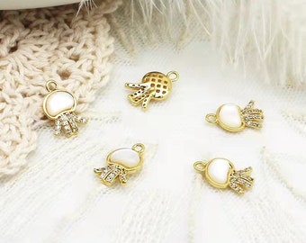 2PCS/4PCS/10PCS 8.5X13.5MM 18K Gold Plated Brass Zircon White MOP Jellyfish Charm Pendant CF083