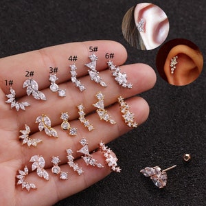 2pcs/4pcs/10pcs Stainless Steel Tiny Ear Studs Zircon Flower Star Bar Leaf Tragus Cartilage Ear Stud HS1910