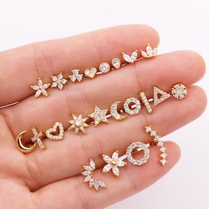 2pcs/4pcs/10pcs Stainless Steel Ear Studs Zircon Flower Cross Star Moon Heart Crown Tragus Cartilage Ear Stud HS19115