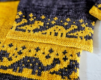 Dino-RAWR pullover dinosaur fingering sock weight knitting pattern for baby, child, youth, Fair Isle, colorwork