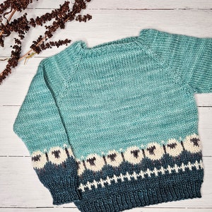 May include: A teal blue knitted sweater with a white and black sheep pattern on the bottom hem.