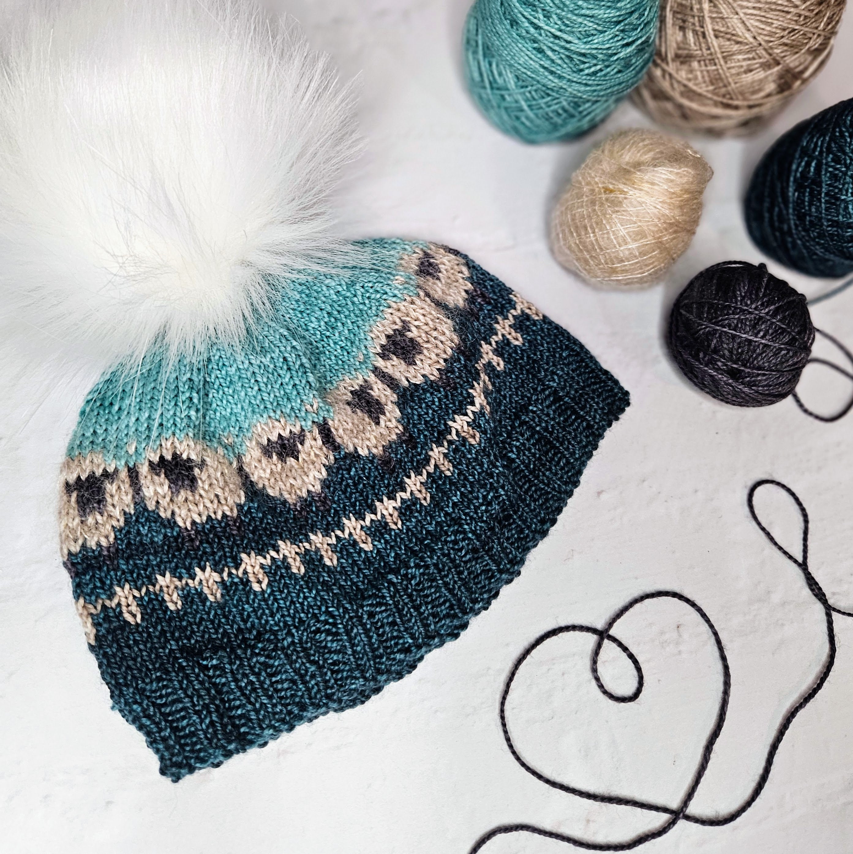 Hand Knit Sheep Fair Isle‎ Beanie Teal Taupe Wool Pom Pom  Hygge Gorpcore Nordic fairisle-slate-beanie-hat-due-  main image 2