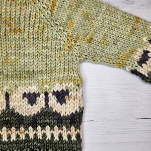 May include: A green knitted sweater with a pattern of white sheep and black accents. The sweater has a textured knit and a subtle yellow hue.