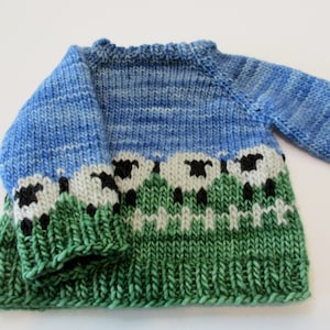May include: A blue, green, white, and black knitted baby sweater with a sheep pattern.