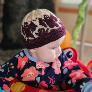 May include: A knitted baby hat in maroon with a beige crown, featuring a white tree pattern. The baby wears a navy onesie with a floral design. The hat is a cozy accessory.