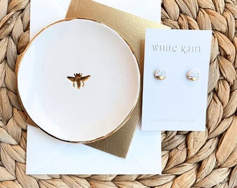 Gouden bijensnuisterijschaal en oorbellen Cadeauset, gouden bijcadeau, bijencadeaus, bijenringschotel, bijenoorbellen, bijencadeauset, cadeaus voor bijenliefhebbers