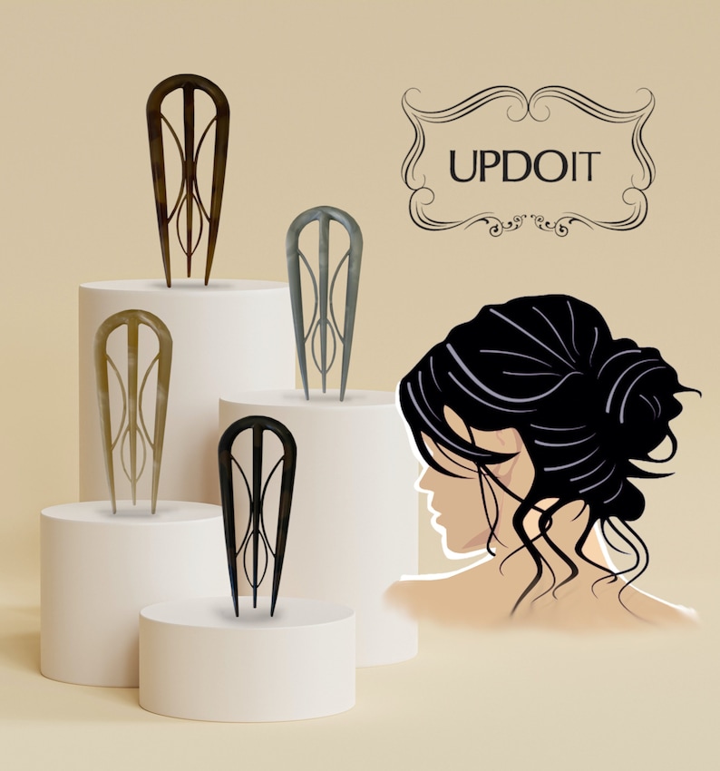 The UPDOIT is the best hair accessory for updos.  It comes in 4 colors, Pale (blonde), Pearl (gray), Medium (brown) and Dark (blk/brn).  It is 2-toned to disappear into your hair color.  It only takes 1 to hold it, but you will want them handy!