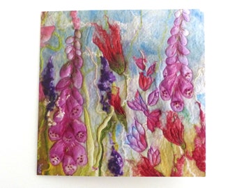 Foxgloves in Summer Printed Card from an Original Handmade Felt Textile Picture | Birthday Card or Mothers Day or for a Garden Lover