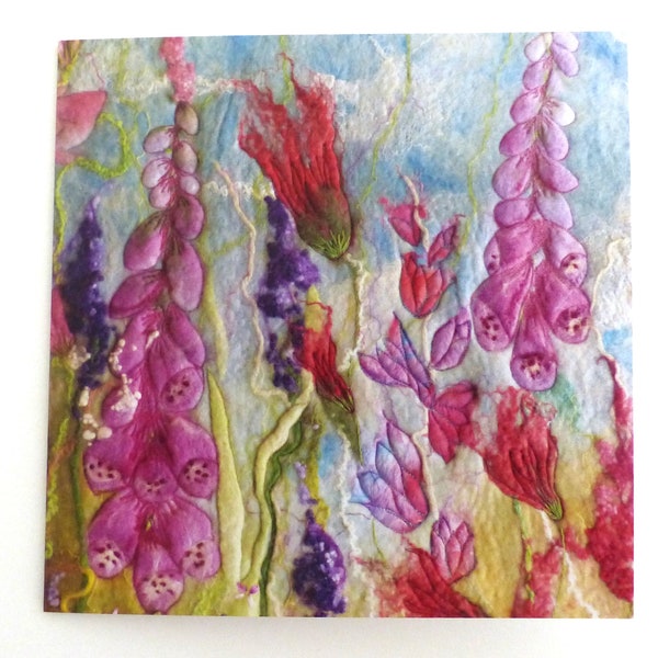 Foxgloves in Summer Printed Card from an Original Handmade Felt Textile Picture | Birthday Card or Mothers Day or for a Garden Lover