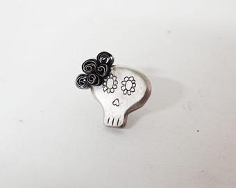 Handmade Oxidized Silver Sugar Skull Brooch, Mexican Day of the Dead Jewelry