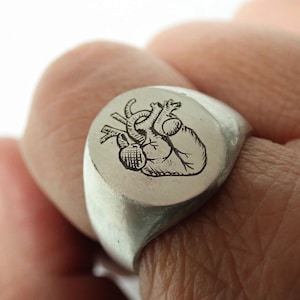 Personalized sterling silver anatomical heart ring, Engraved sterling silver heart ring, Medical jewelry for healthcare professionals