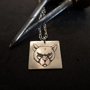 Silver animal engraved necklace, animal necklace, silver panther necklace, hand engraved animal necklace, engraved panther plaque pendant.