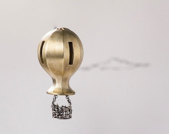 Globe Pin, Unique piece, Brass and silver jewel, balloon.