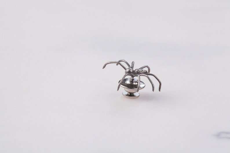 May include: Silver spider brooch with a round base. The spider has eight legs and is in a crawling position.