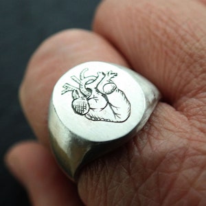Anatomical heart ring, engravet heart, Realist heart, Signet heart ring, silver ring heart, doctor, medical student, sterling silver heart.