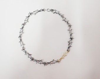 Articulated silver a gold choker, antique silver link necklace, silver wire choker with gold link, organic oxidized silver and gold necklace