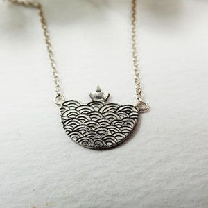 Ocean inspired silver pendant, necklace with engraved sea and miniature ship, artistic silver jewelry, special nautical necklace