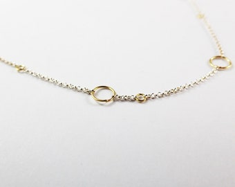 Delicate Silver Choker Necklace with Small Gold Circles, Minimalist Design, Delicate Minimalist Jewelry