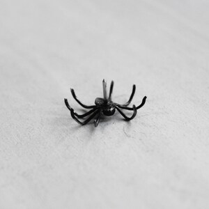May include: A black metal spider with eight legs and a silver pin in the center.