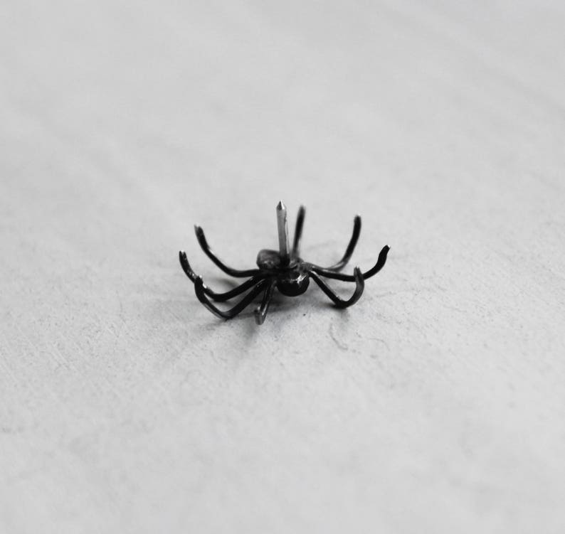 May include: A black metal spider with eight legs and a silver pin in the center.