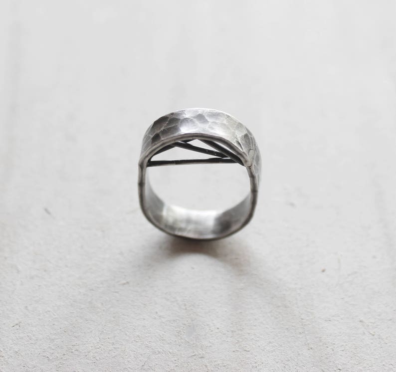 Silver ring with texture, ring with threads, ring with height, 925 silver, hammer ring, oxidized and matte silver. image 6