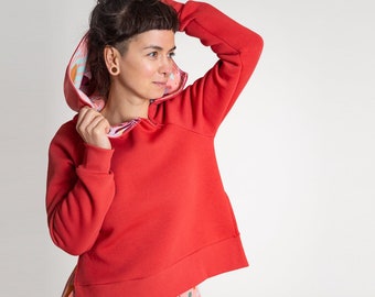 Red Hoodie, Colorful sweatshirt with hood, Cotton sweatshirt, Hoodie for women, Streetwear for women, Boho style blouse