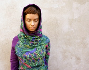 Peacock feathers blouse for women, Colorful hoodie, Cotton shirt, Hoodie for women, Emerald and violet hoodie, Boho style blouse, Sweatshirt