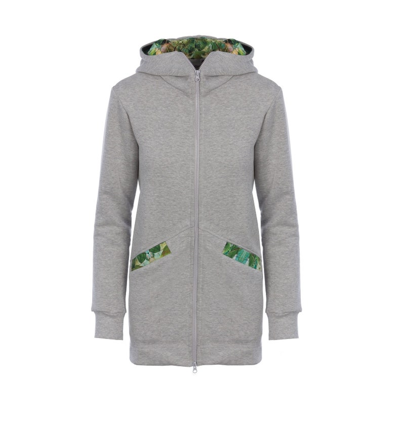 Gray tracksuit zip up hoodie and baggy pants Women/'s activewear Unique clothing Long hooded jacket with pockets and stretchy harem pants