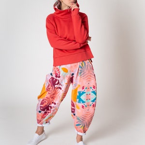 Sweat à capuche rouge et pantalon ballon pour femme, pantalon et sweat à capuche, pantalon et chemise en coton, ensemble de 2 femmes streetwear, pantalon coloré image 5