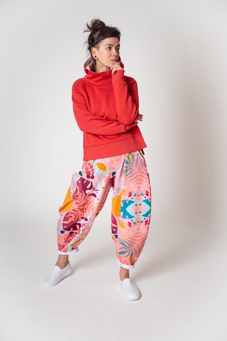 Sweat à capuche rouge et pantalon ballon pour femme, pantalon et sweat à capuche, pantalon et chemise en coton, ensemble de 2 femmes streetwear, pantalon coloré image 5