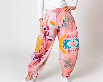 Balloon pants, all-over print, abstract pattern pants for women, Harem pants, Wide leg pants for active woman, Cotton baggy pants