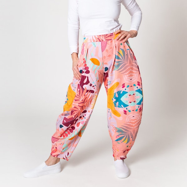 Balloon pants, all-over print, abstract pattern pants for women, Harem pants, Wide leg pants for active woman, Cotton baggy pants