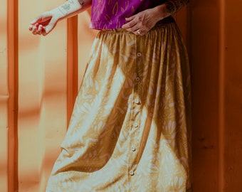 Jupe jaune Yumiko à imprimé fleurs pour femmes bohèmes, jupe longue, jupe hippie d'été, vêtements décontractés fleuris pour femmes, jupe longue en coton